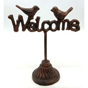 Rustic Cast Iron Love Birds WELCOME  9.5" Plaque Sign Home Decor